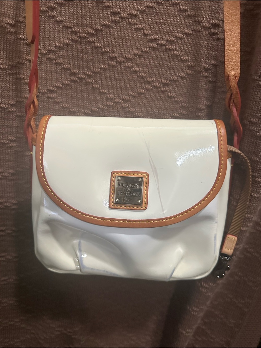 Dooney & Bourke White Patent Crossbody with Tan Trim